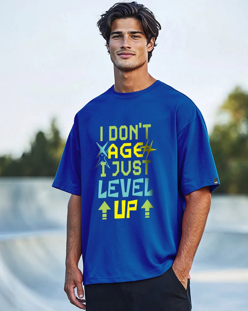 بيواكوف Men's Blue Level Up Typography Oversized T-shirt